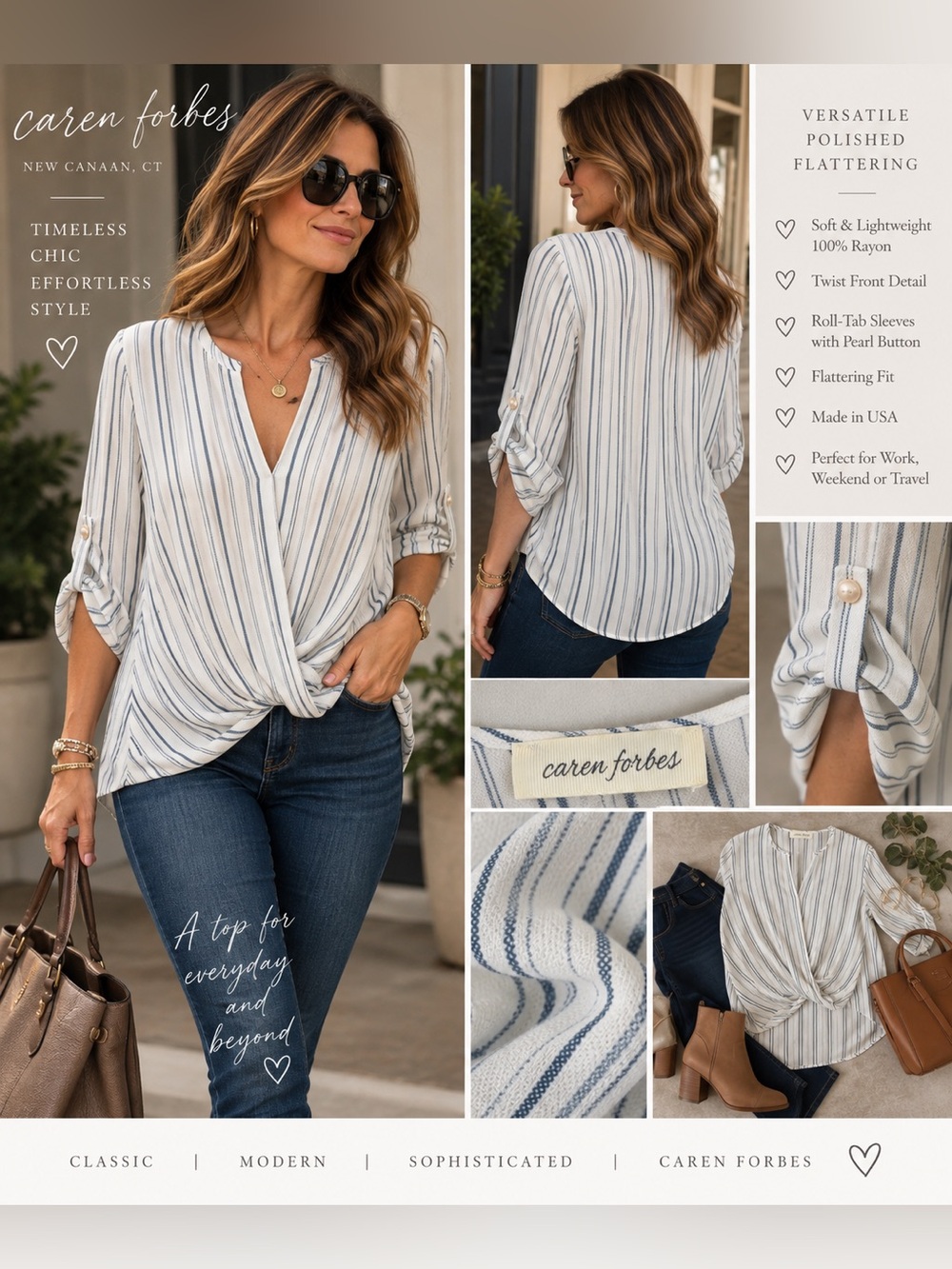Caren Forbes Striped Twist Front Blouse Made in USA Blue White